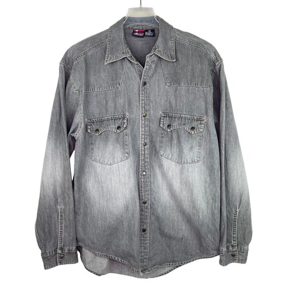 Bugle Boy Grey Denim Snap Button Down Collared Shirt 1990s Men's Sz M - Picture 1 of 9